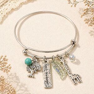 Silver Tone Giraffe Theme Charm Bangle Bracelet